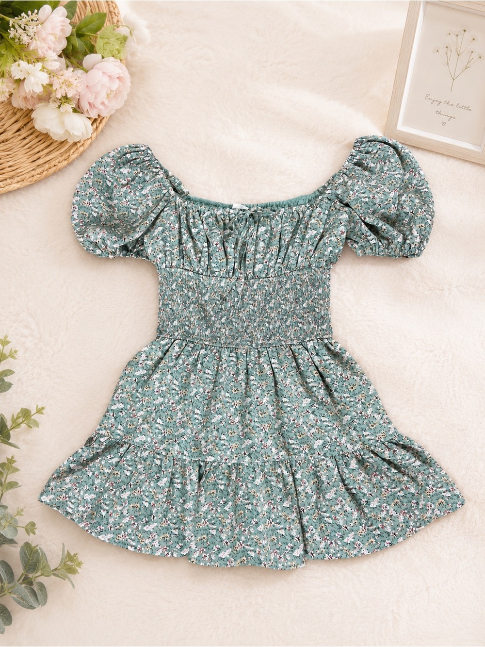 MABLE Sage Green Floral Smocked Puff Sleeve Mini Dress M